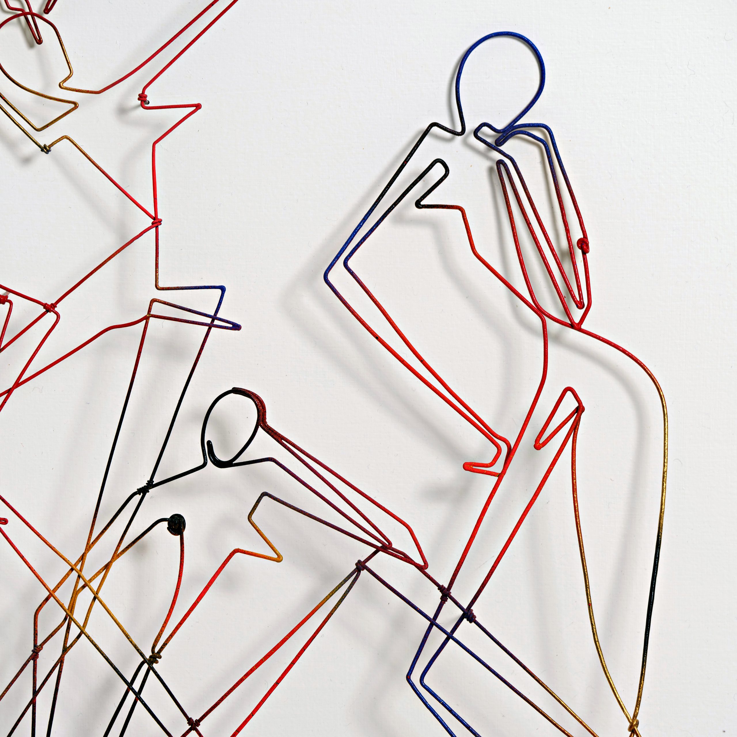 Pamela Merory Dernham - Trapezium, detail 2 detail, 2021. Painted steel wire on wood panel, 23" H x 26" W x 2" D.