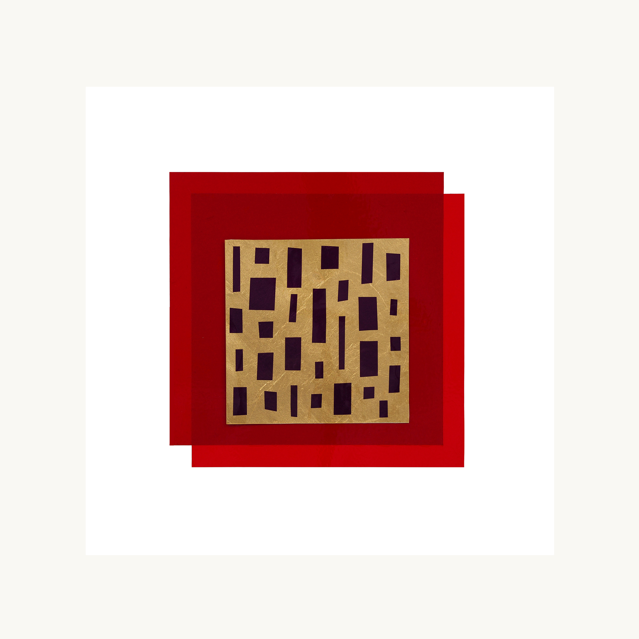 Gold leaf, theater lighting gels,<br />
double-stick adhesive on paper, 20 5/8" x 20 5/8"<br />
