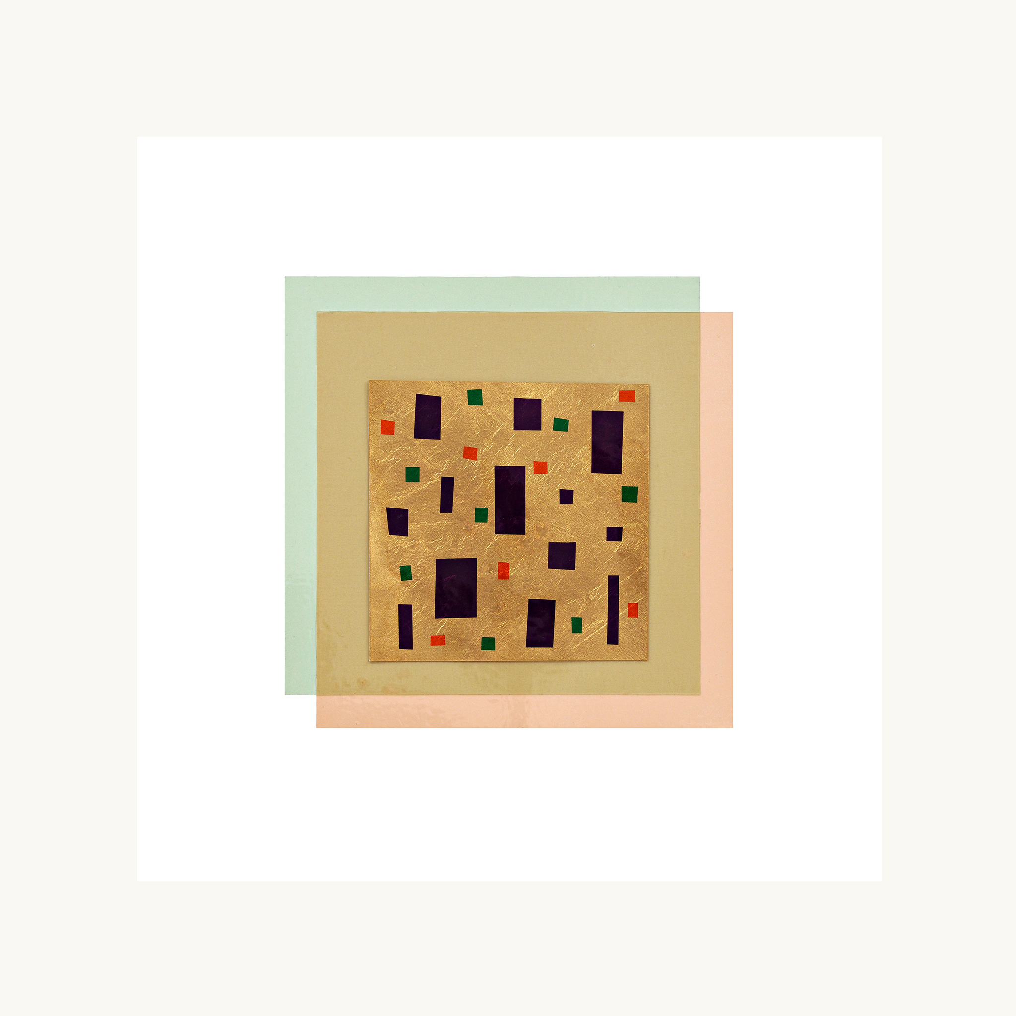 "Landscape Studies #1", 2022.<br />
Gold leaf, theater lighting gels,<br />
double-stick adhesive on paper,<br />
20 5/8" x 20 5/8"