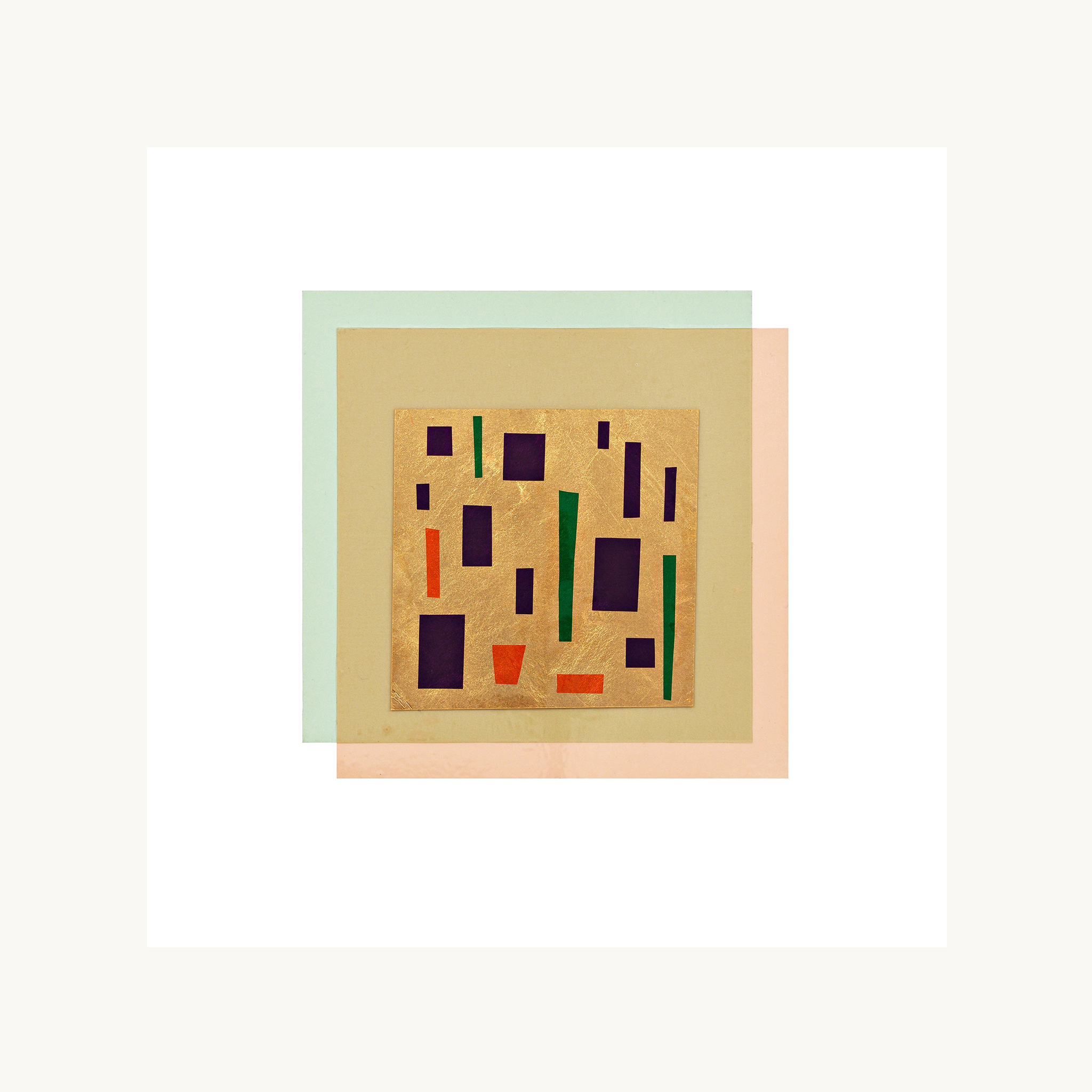 "Landscape Studies #1", 2022.<br />
Gold leaf, theater lighting gels,<br />
double-stick adhesive on paper,<br />
20 5/8" x 20 5/8"