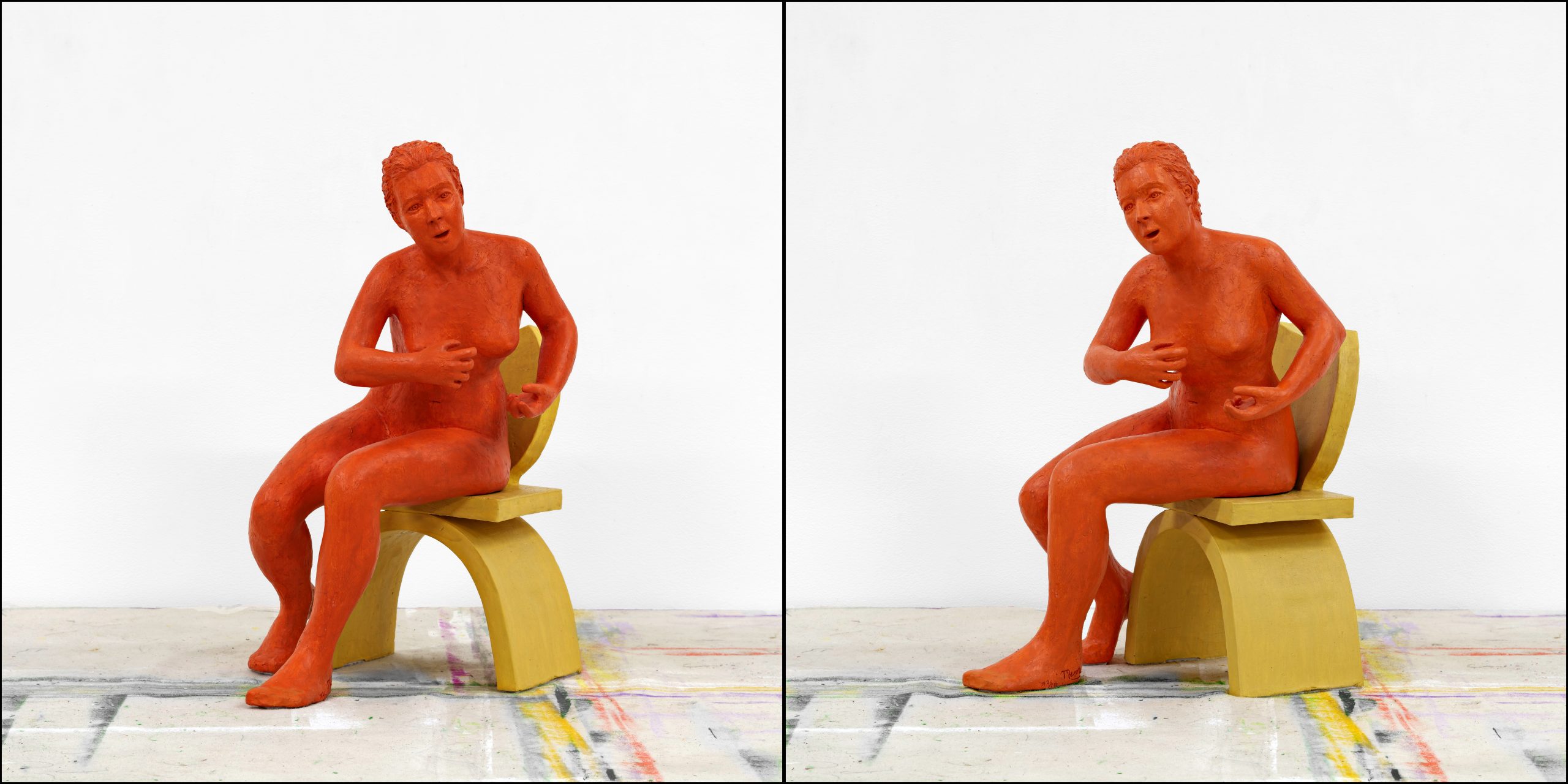 “The College, Figure #1”, 1995-1998.  Painted clay, 14” long x 11” wide x 20” high.