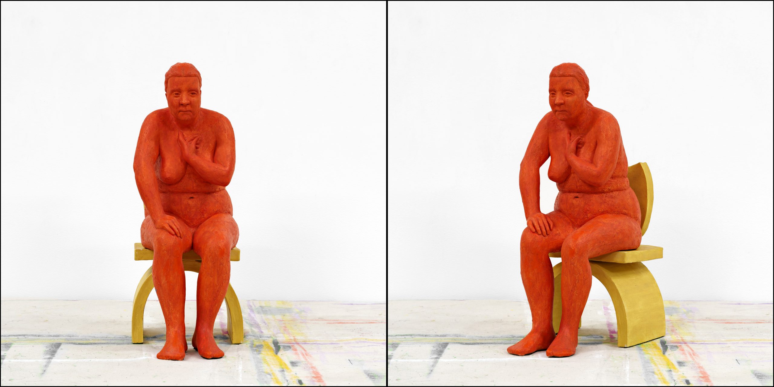 “The College, Figure #2”, 1995-1998.  Painted clay, 16” long x 7” wide x 20” high.