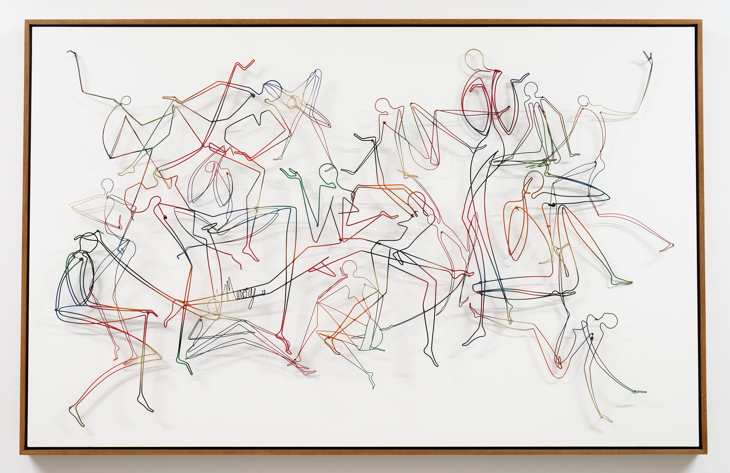 PamelaMeroryDernham-CovalentBonds-II 2021. Painted steel wire on wood panel, 30 1/8" H x 47 1/8" W x 4" D, (framed)